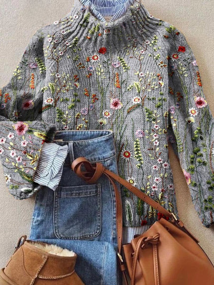 Women's Floral Embroidered Turtleneck Knit Sweater