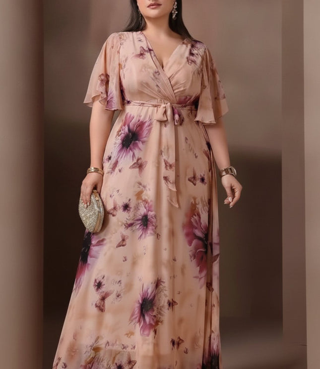 Women's Floral Flutter Sleeve Wedding Guest Maxi Dress
