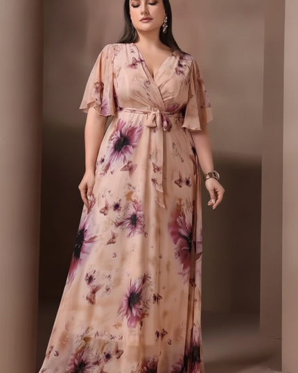 Women's Floral Flutter Sleeve Wedding Guest Maxi Dress