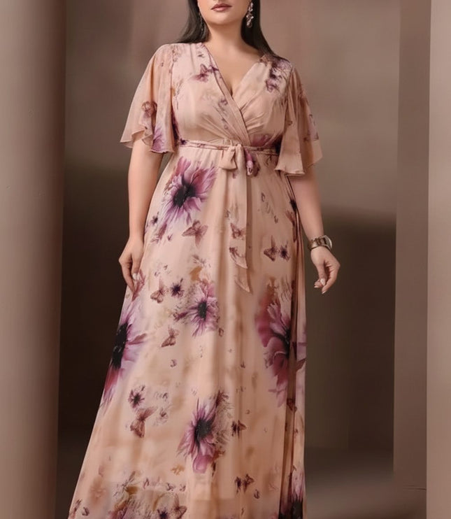 Women's Floral Flutter Sleeve Wedding Guest Maxi Dress