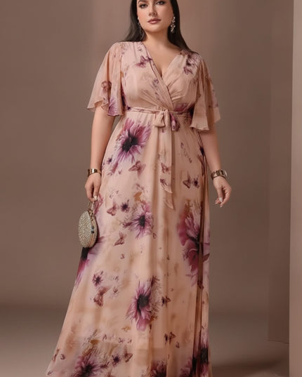 Women's Floral Flutter Sleeve Wedding Guest Maxi Dress