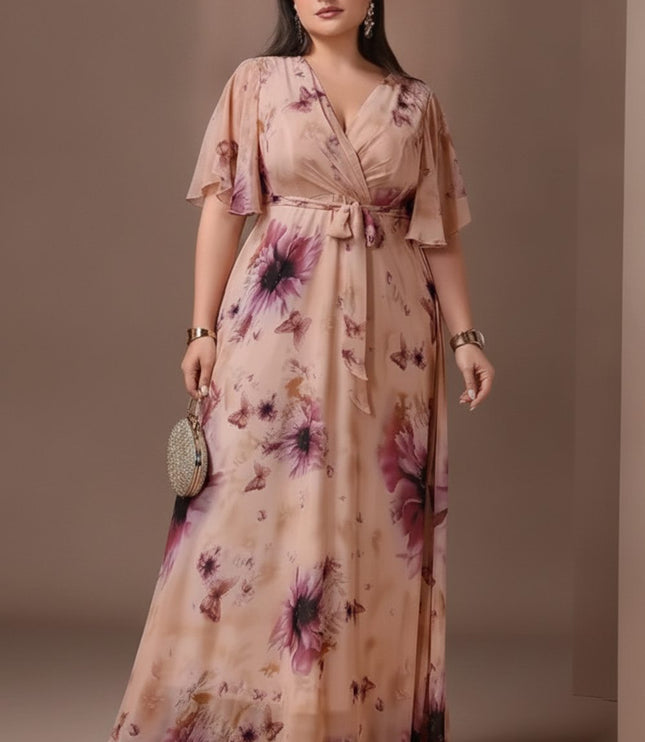 Women's Floral Flutter Sleeve Wedding Guest Maxi Dress
