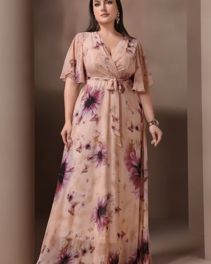Women's Floral Flutter Sleeve Wedding Guest Maxi Dress