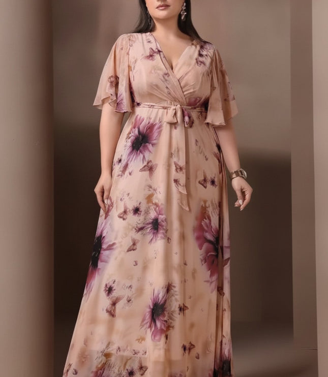 Women's Floral Flutter Sleeve Wedding Guest Maxi Dress