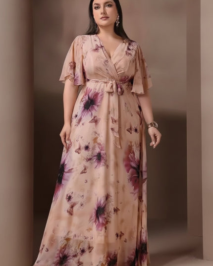 Women's Floral Flutter Sleeve Wedding Guest Maxi Dress