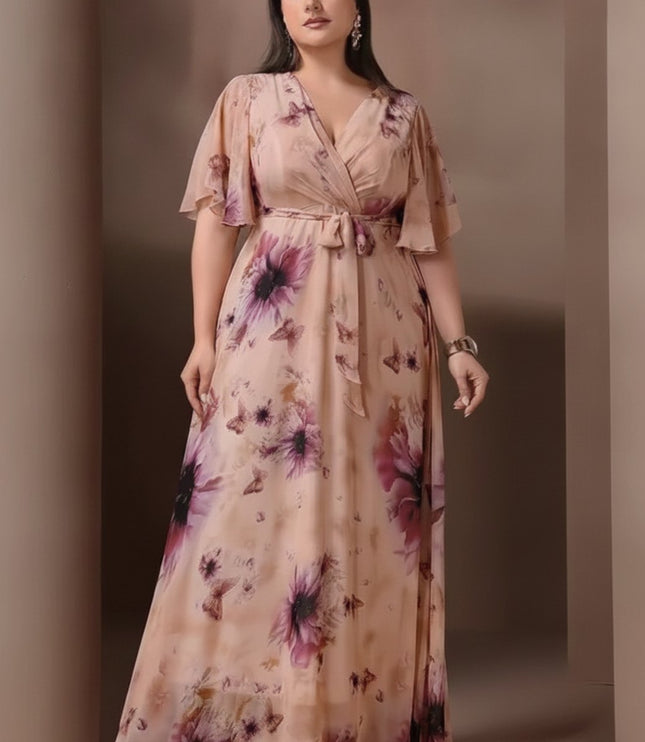 Women's Floral Flutter Sleeve Wedding Guest Maxi Dress