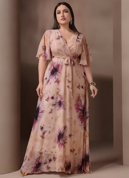 Women's Floral Flutter Sleeve Wedding Guest Maxi Dress