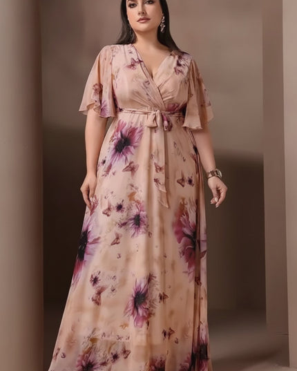 Women's Floral Flutter Sleeve Wedding Guest Maxi Dress