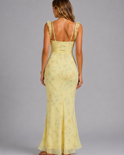 Women's Floral Gown with a Fitted Bodice and Flared Hem