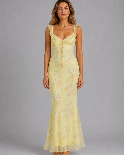 Women's Floral Gown with a Fitted Bodice and Flared Hem