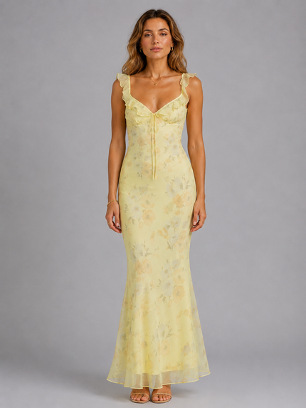 Women's Floral Gown with a Fitted Bodice and Flared Hem