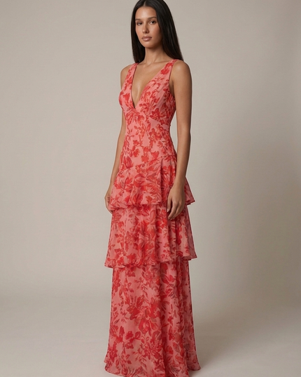 Women's Floral Halterneck V-Neck Summer Wedding Maxi Dress