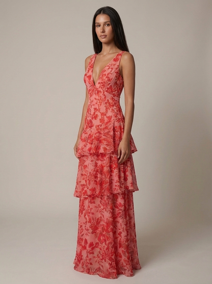 Women's Floral Halterneck V-Neck Summer Wedding Maxi Dress