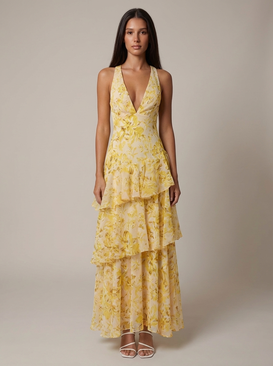 Women's Floral Halterneck V-Neck Summer Wedding Maxi Dress