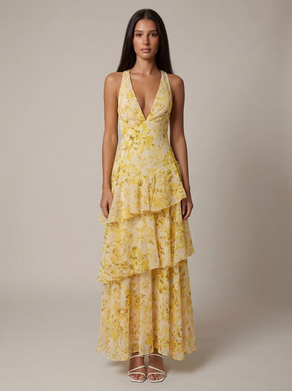 Women's Floral Halterneck V-Neck Summer Wedding Maxi Dress