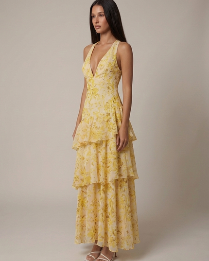 Women's Floral Halterneck V-Neck Summer Wedding Maxi Dress