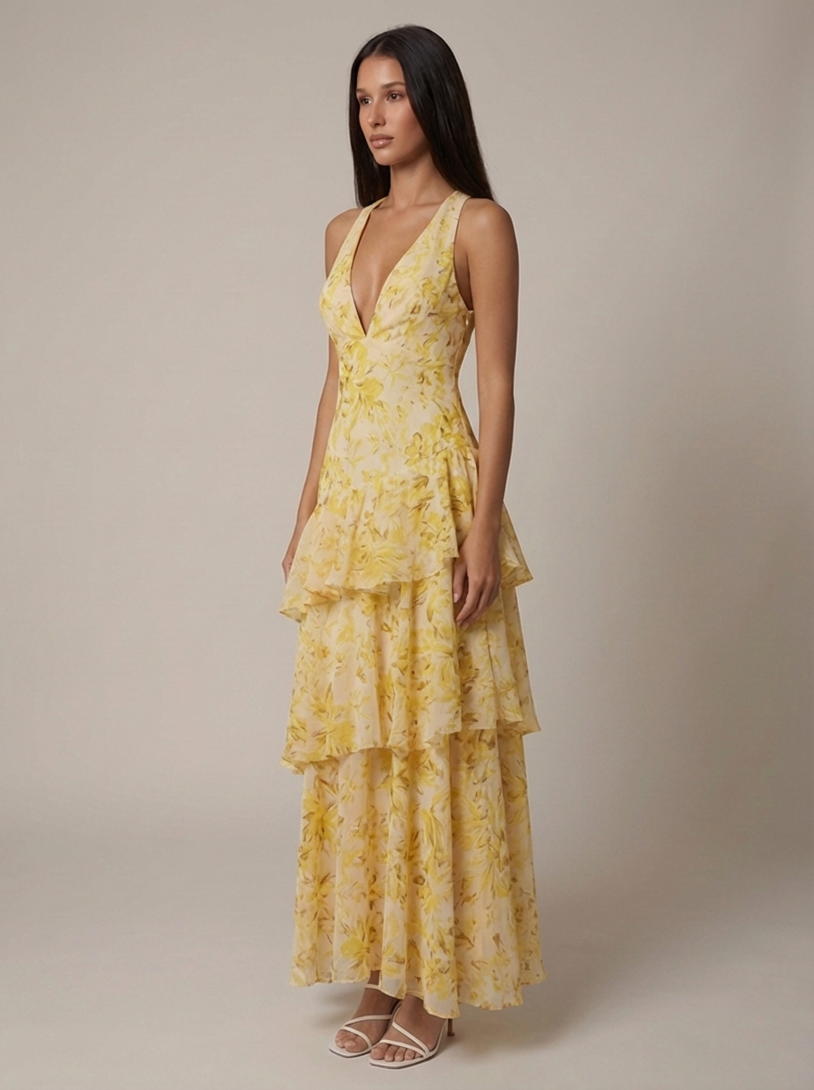Women's Floral Halterneck V-Neck Summer Wedding Maxi Dress