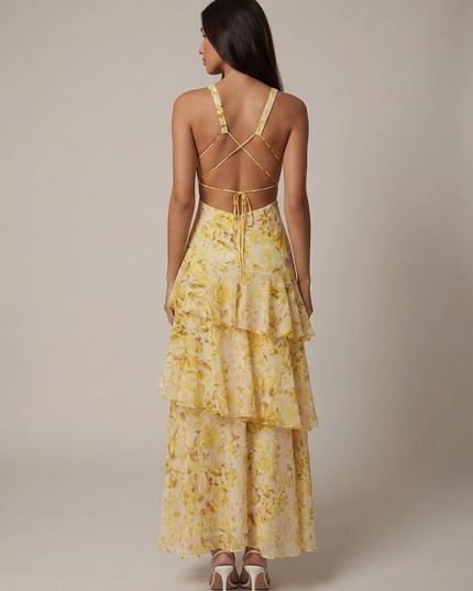 Women's Floral Halterneck V-Neck Summer Wedding Maxi Dress