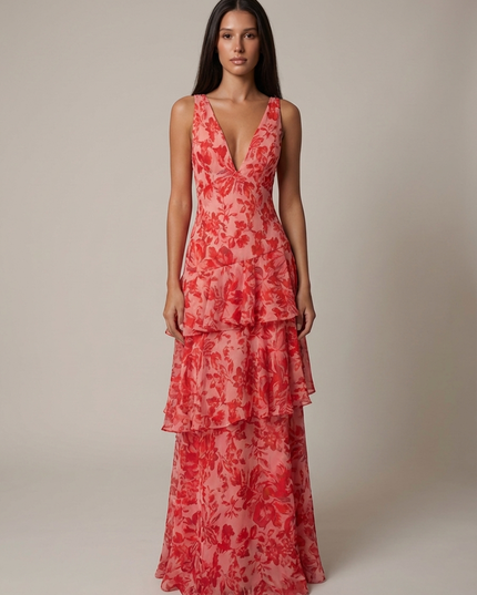 Women's Floral Halterneck V-Neck Summer Wedding Maxi Dress