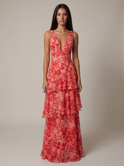 Women's Floral Halterneck V-Neck Summer Wedding Maxi Dress