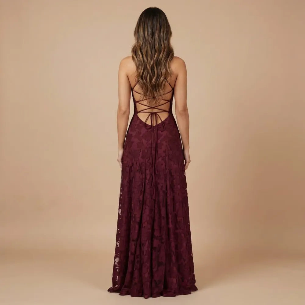 Back view of burgundy lace maxi dress with lace-up straps