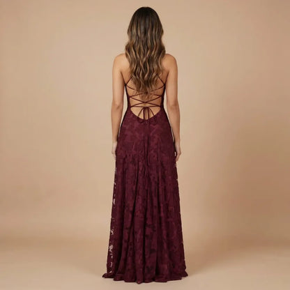 Back view of burgundy lace maxi dress with lace-up straps