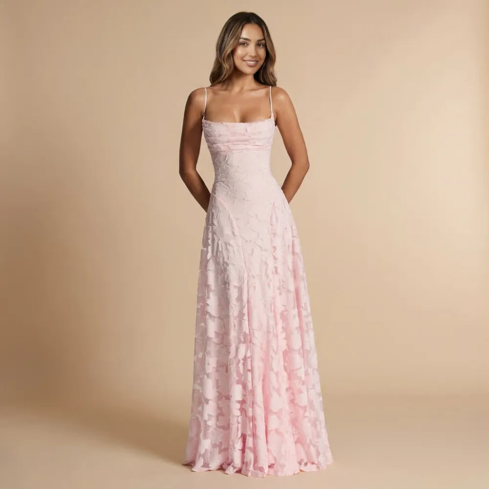 Blush pink floral lace maxi dress with cowl neckline and spaghetti straps