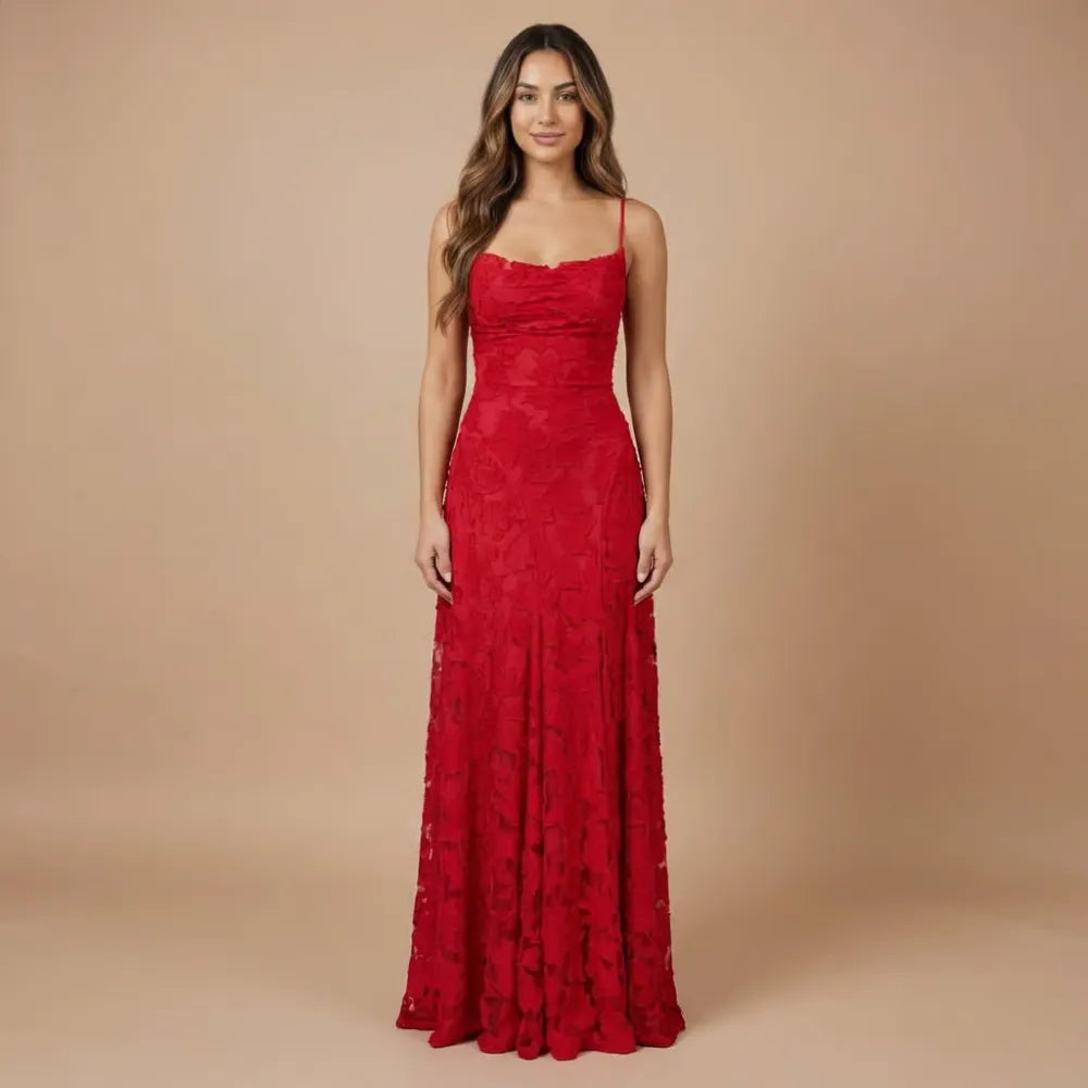 Red floral lace cowl neck maxi dress with fitted bodice