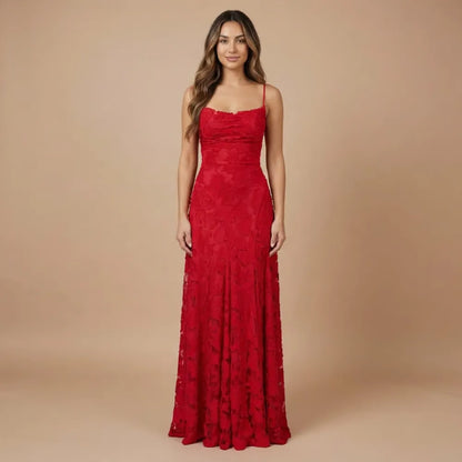 Red floral lace cowl neck maxi dress with fitted bodice
