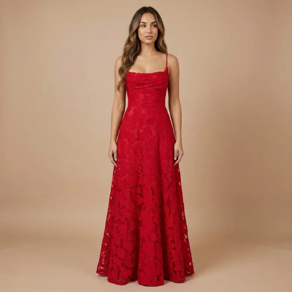 Front view of red lace maxi dress with draped cowl neckline