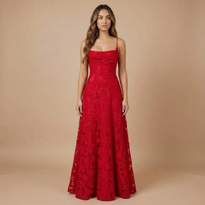Front view of red lace maxi dress with draped cowl neckline
