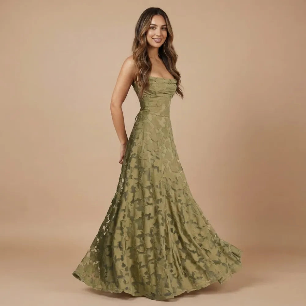 Sage green floral lace maxi dress with cowl neck and train