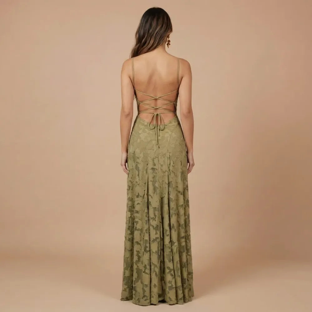 Back view of sage green lace maxi dress with lace-up straps