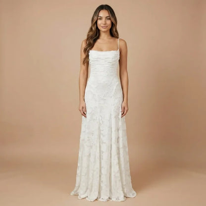Ivory floral lace cowl neck maxi dress with spaghetti straps