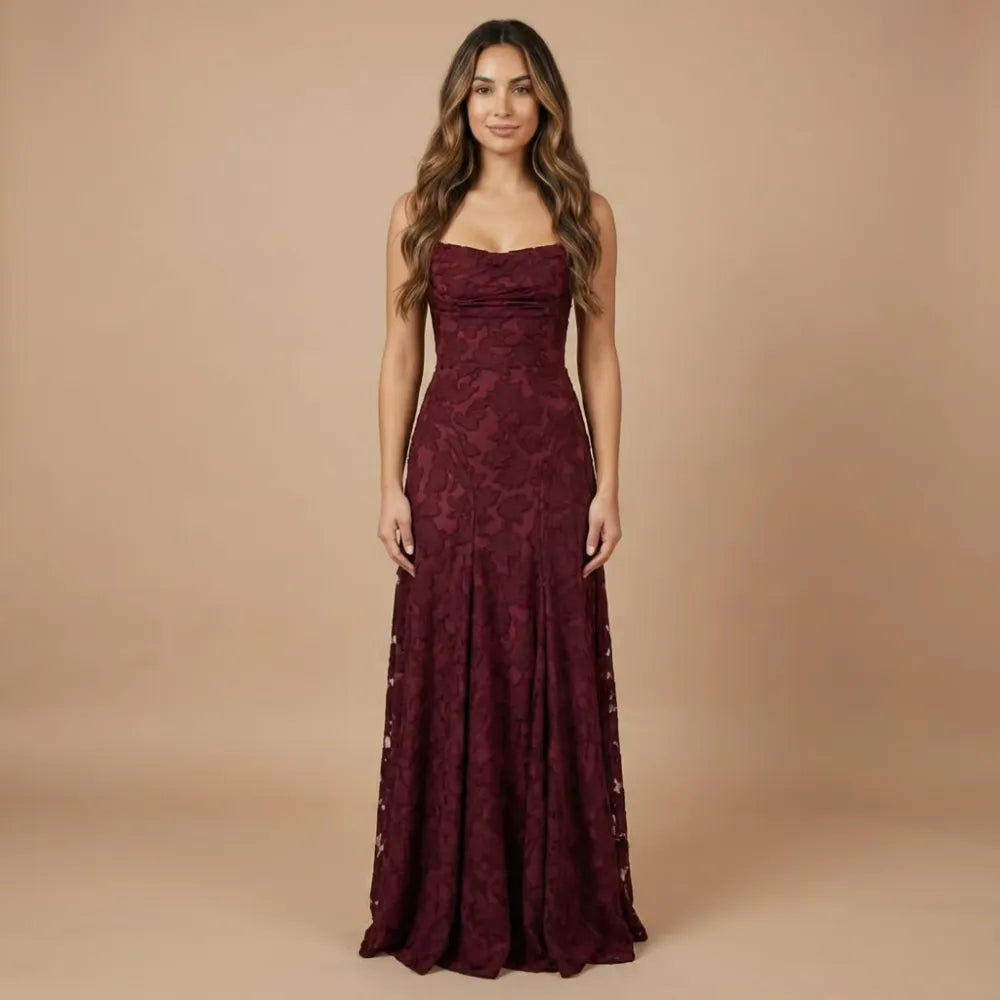 Burgundy floral lace cowl neck maxi dress with spaghetti straps