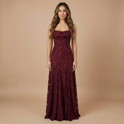 Burgundy floral lace cowl neck maxi dress with spaghetti straps