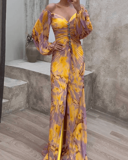 Women's floral off shoulder maxi dress with ruched bodice, long sleeves, and front slit