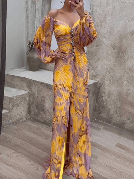 Women's floral off shoulder maxi dress with ruched bodice, long sleeves, and front slit