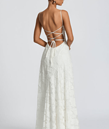 Back view of white floral maxi dress with open back and crisscross tie detail