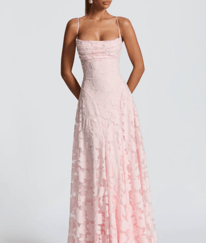 Light pink floral sleeveless maxi dress with fitted bodice and flowing skirt, front view