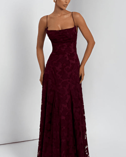 Burgundy floral sleeveless maxi dress with straps and fitted bodice, front view