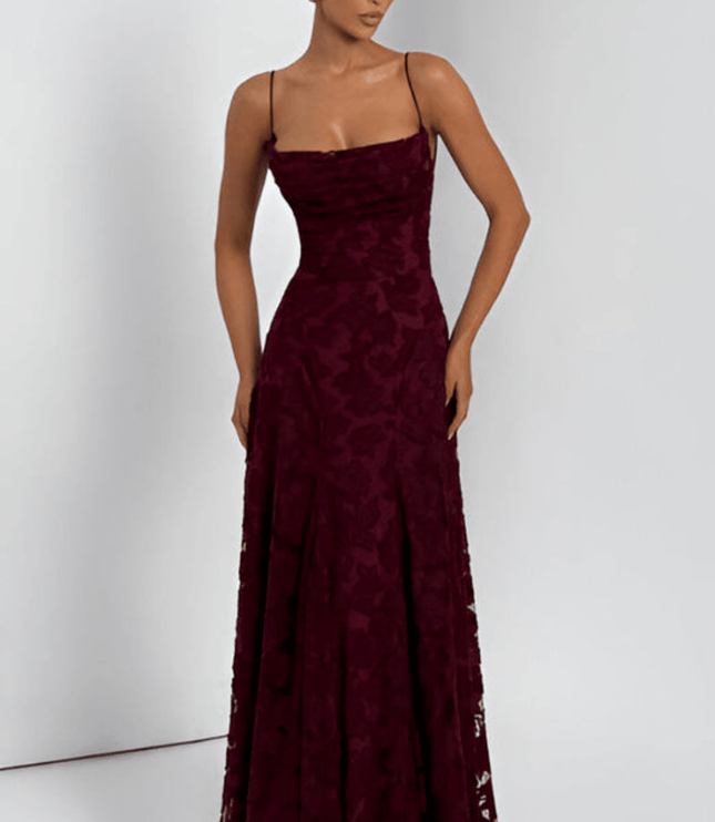 Burgundy floral sleeveless maxi dress with straps and fitted bodice, front view