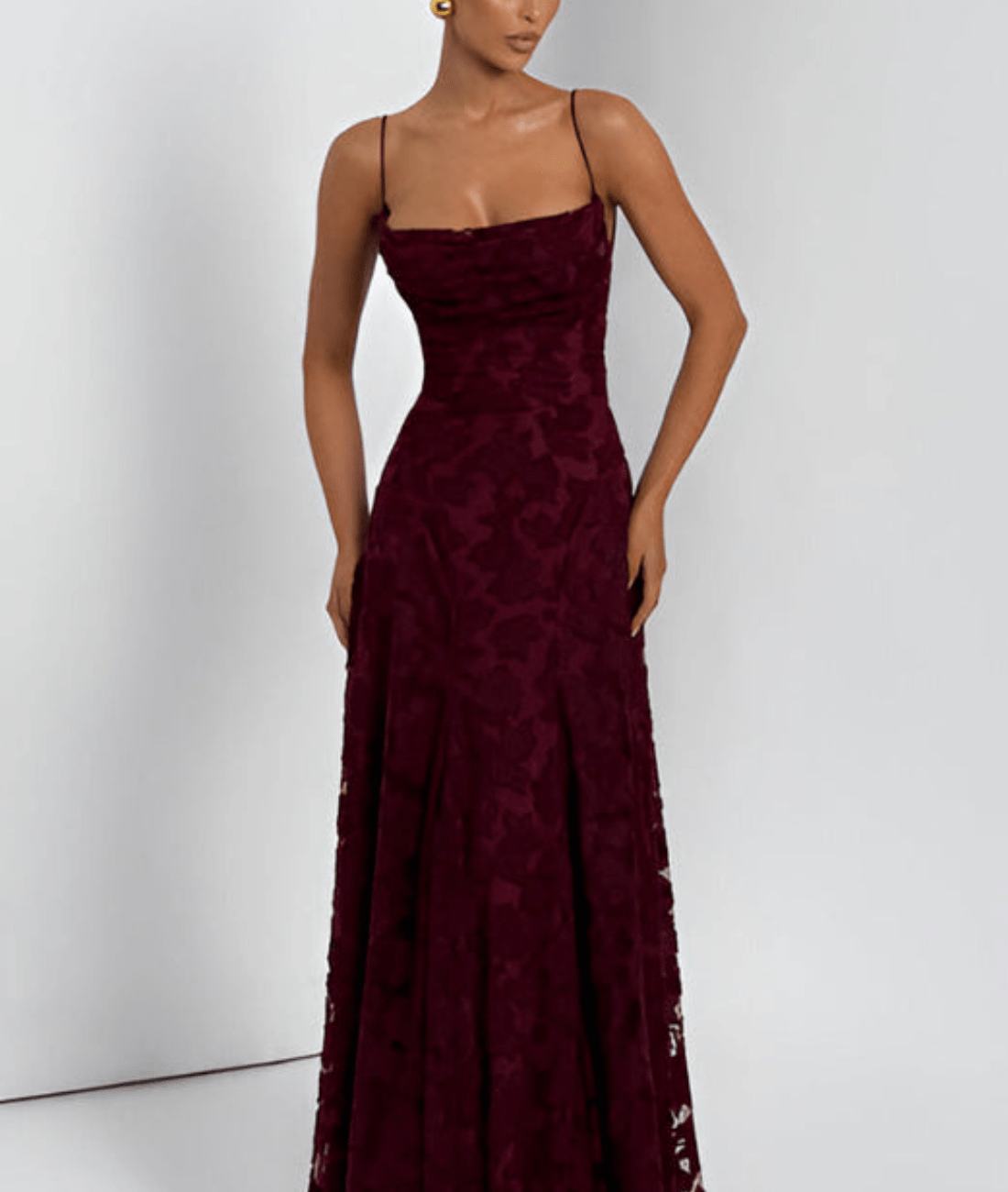 Burgundy floral sleeveless maxi dress with straps and fitted bodice, front view