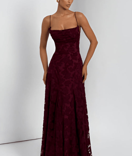 Burgundy floral sleeveless maxi dress with straps and fitted bodice, front view