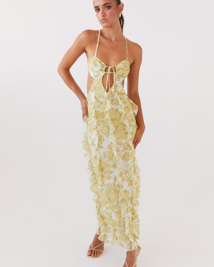 Women's summer floral maxi dress with ruched bust, front cutout, and ruffle trim