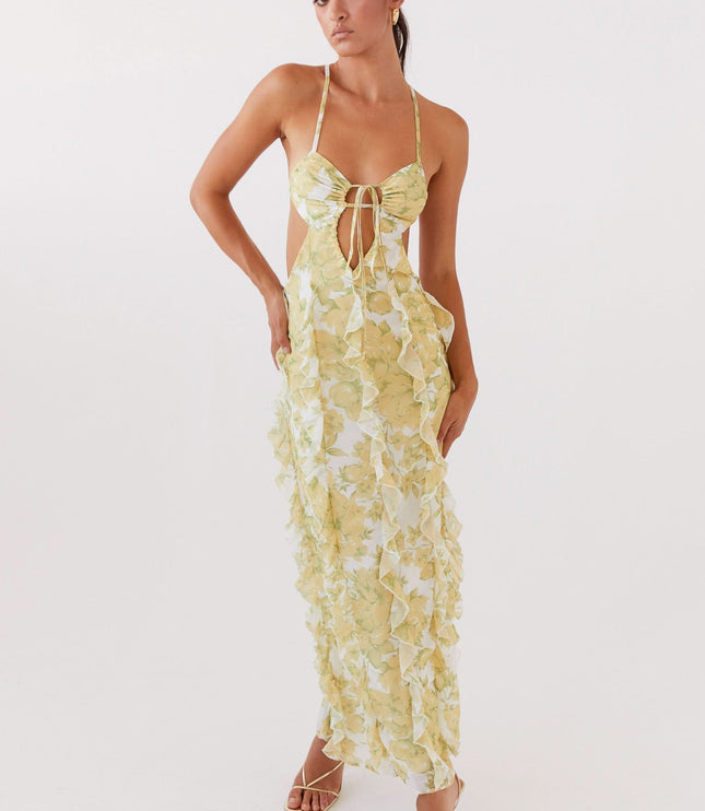 Women's summer floral maxi dress with ruched bust, front cutout, and ruffle trim