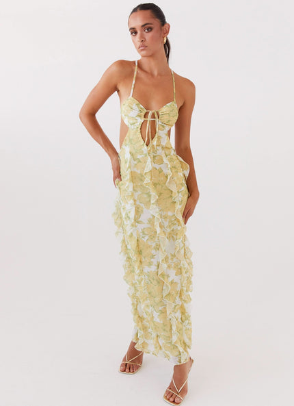 Women's summer floral maxi dress with ruched bust, front cutout, and ruffle trim