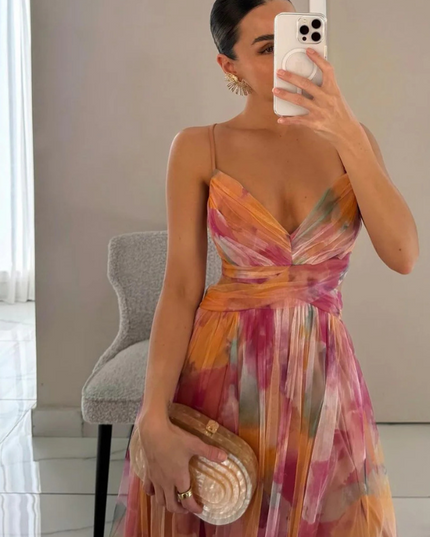 Women's Floral Pleated Wrap Front Summer Maxi Dress
