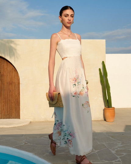 Women's Floral Print Cut Out Scallop Hem Maxi Dress