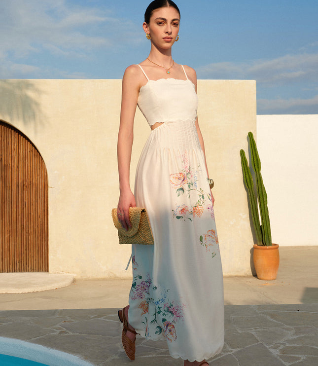 Women's Floral Print Cut Out Scallop Hem Maxi Dress